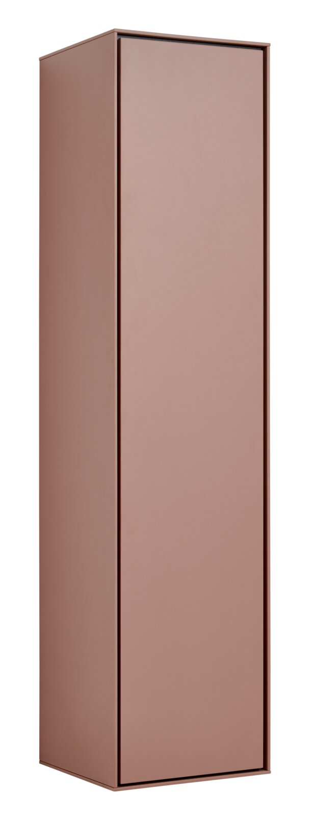 Voleo Hangende garderobekast RENO Slanke, hoge metalen kast in roze-/koperkleur met een glad front en smalle randen, vrijstaand op een witte achtergrond, in een licht 3/4-aanzicht van links vooraan