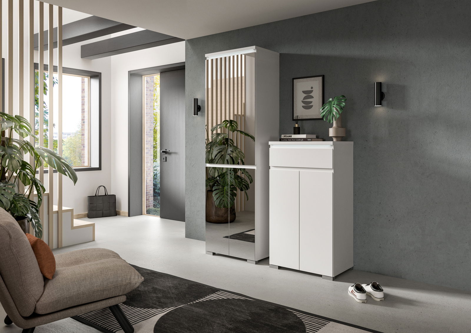 MID.YOU Schuhschrank SHOELOVE Moderner Schuhschrank mit Spiegel in einem stilvollen Eingangsbereich, seitliche Perspektive.