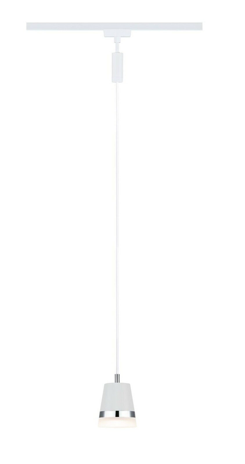 PAULMANN Schienenpendel Cone URAIL Hängelampe mit konischem Schirm, weiß mit silbernem Rand, von vorne betrachtet.