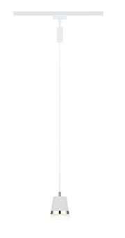 Hängelampe mit konischem Schirm, weiß mit silbernem Rand, von vorne betrachtet.