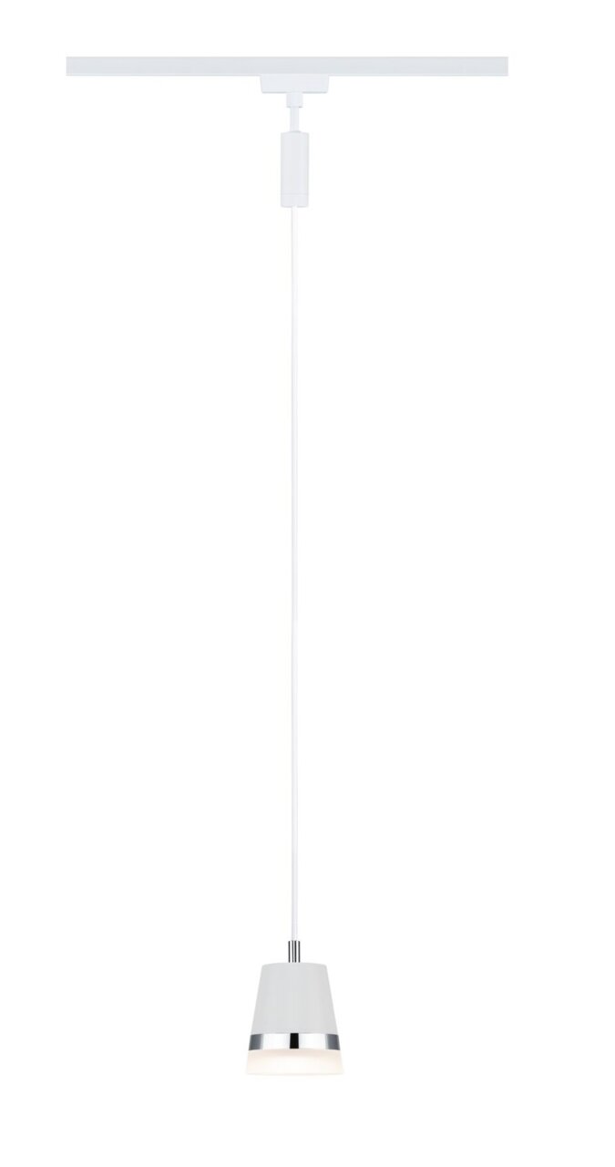 PAULMANN Schienenpendel Cone URAIL Hängelampe mit konischem Schirm, weiß mit silbernem Rand, von vorne betrachtet.