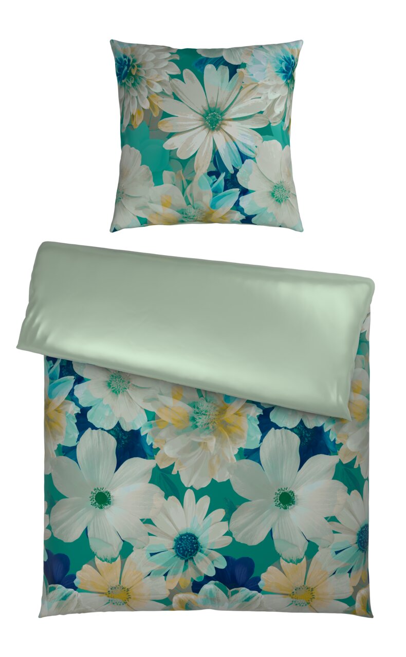 Bio-Vio Wendebettwäsche Wendebettwäsche 135x200cm mit floralem Muster in Blau- und Grüntönen, Draufsicht