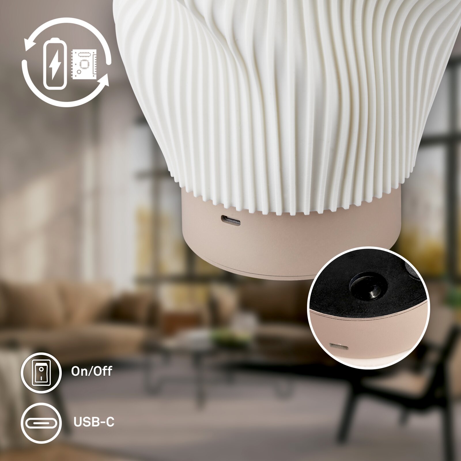 Nahaufnahme aus leicht seitlicher Perspektive: weißer, geriffelter Aroma-Diffusor/Luftbefeuchter mit roségoldenem Sockel, USB‑C-Ladeanschluss und Ein-/Aus-Taste; Detailansicht der Unterseite.