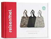 Drei faltbare Einkaufstaschen im Mini Maxi Shopper Set mit Tiermustern, Vorderansicht.
