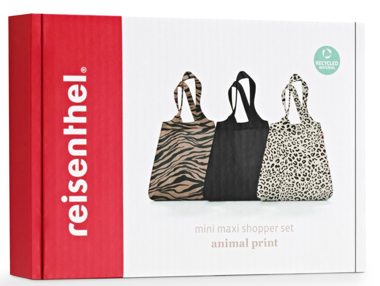 Drei faltbare Einkaufstaschen im Mini Maxi Shopper Set mit Tiermustern, Vorderansicht.