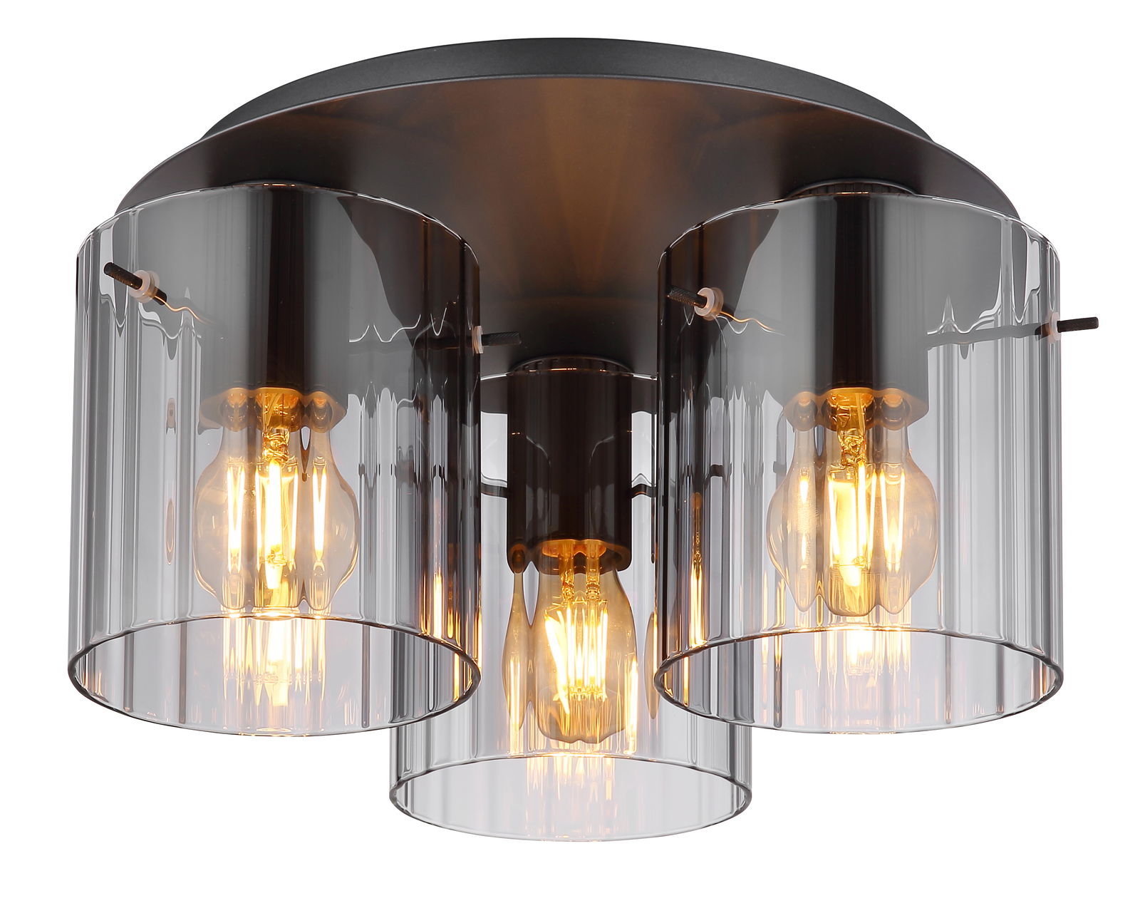 Globo Lighting Deckenleuchte TULIVAR Moderne Deckenleuchte TULIVAR mit drei sichtbaren Glühbirnen und transparenten Glasschirmen, seitliche Perspektive