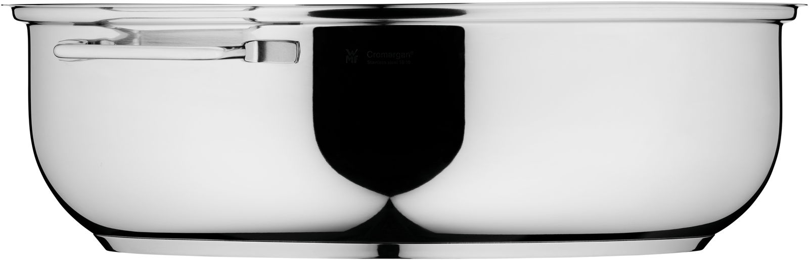 Seitliche Ansicht eines glänzenden Edelstahl-Extrabräters mit Griff.