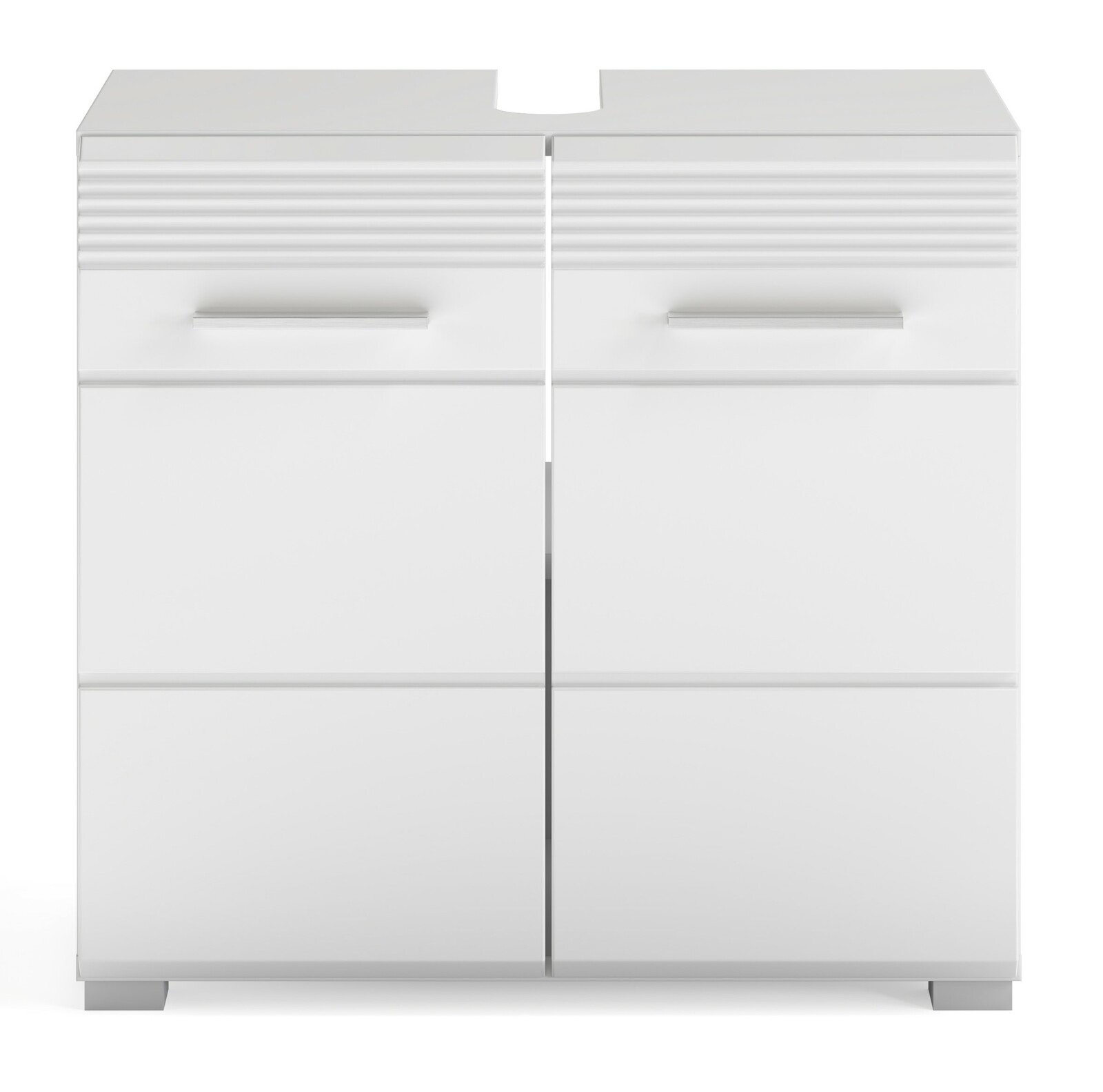 Weiße Badkombination mit zwei Türen und modernen Griffen, frontale Ansicht