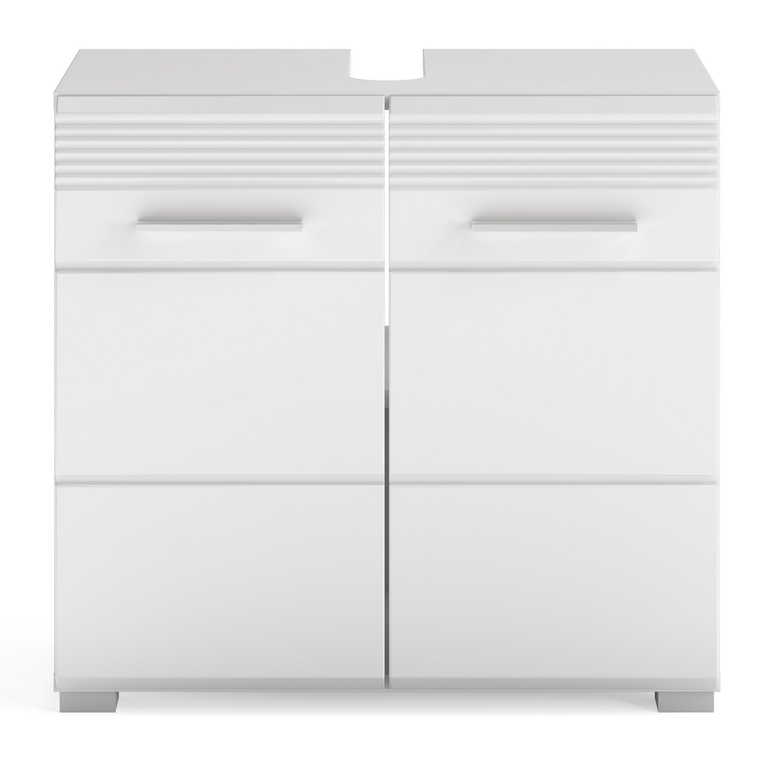 Weiße Badkombination mit zwei Türen und modernen Griffen, frontale Ansicht