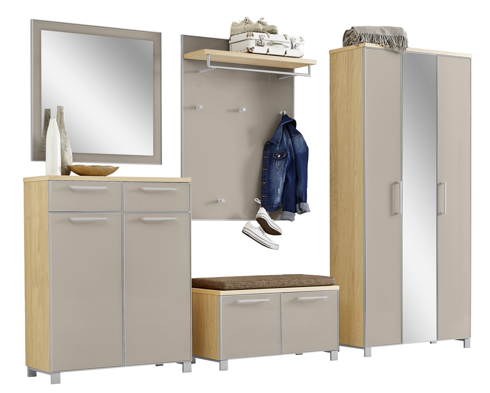 Garderoben-Set 6-tlg. in Holzoptik mit Spiegel, Schuhschrank, Kleiderhaken und Sitzbank, frontale Ansicht