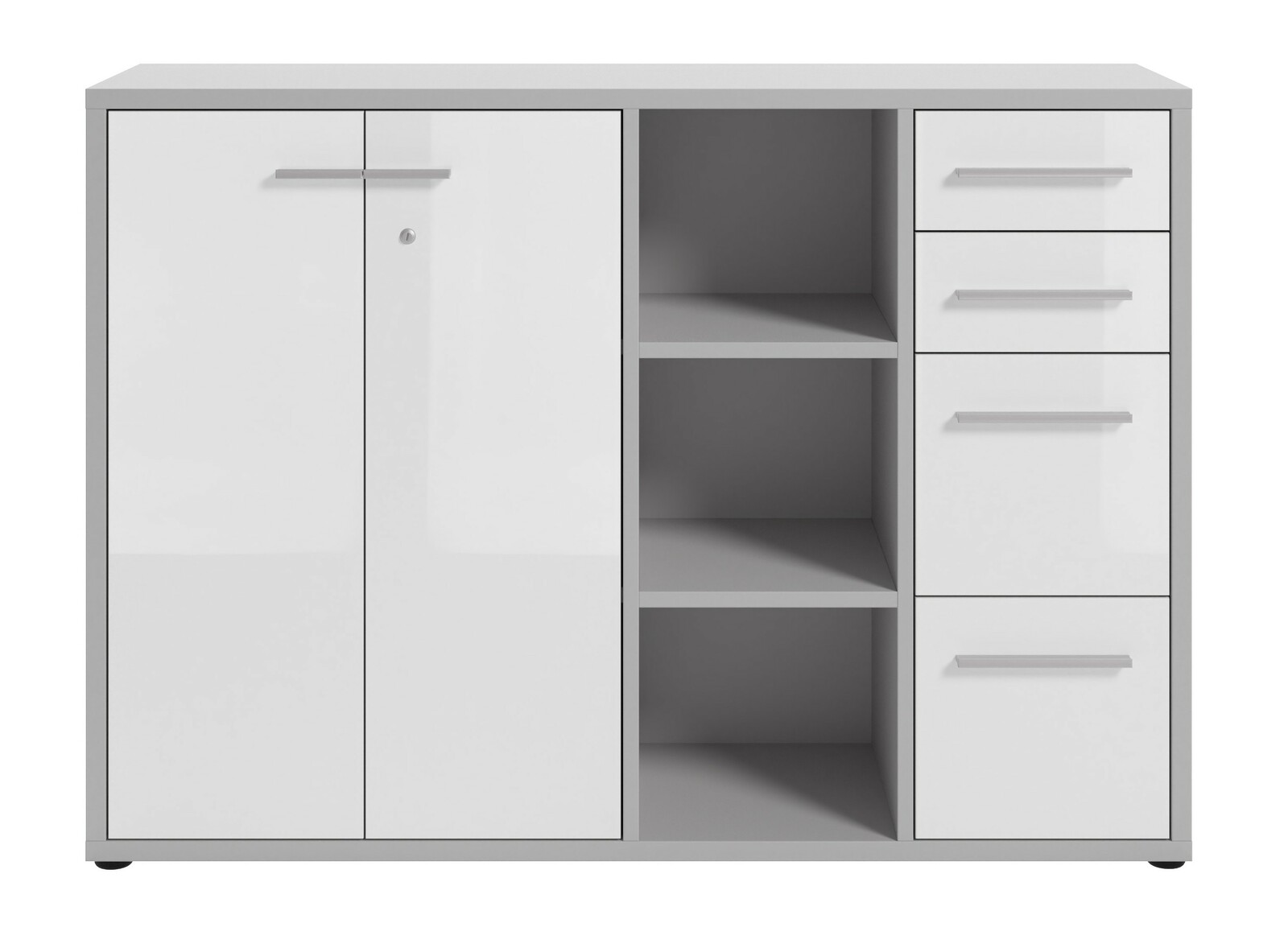 Moderner weißer Aktenschrank mit zwei Türen, offenen Regalfächern und drei Schubladen, Frontalansicht.