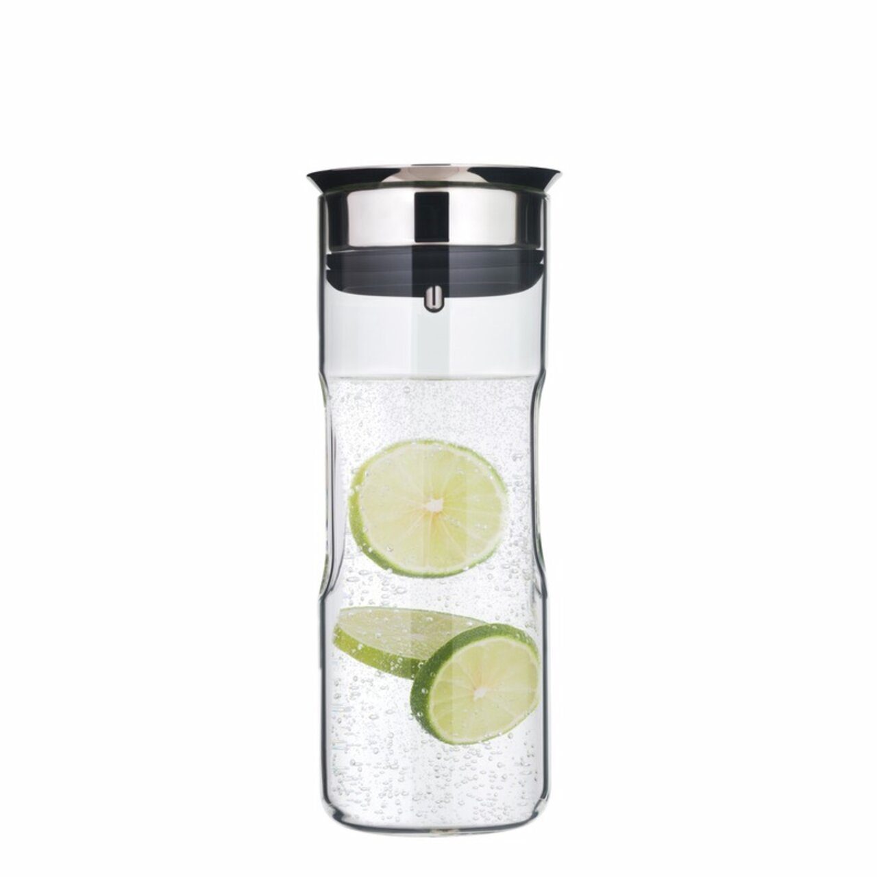 Wasserkaraffe 0,8L mit Edelstahlverschluss, gefüllt mit sprudelndem Wasser und Limettenscheiben, Frontalansicht