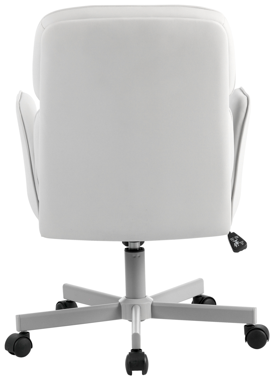 Rückansicht eines weißen Drehstuhls mit Rollen und verstellbarer Sitzhöhe.