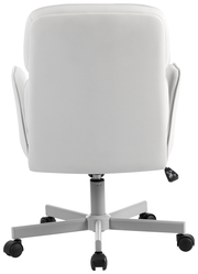 Rückansicht eines weißen Drehstuhls mit Rollen und verstellbarer Sitzhöhe.