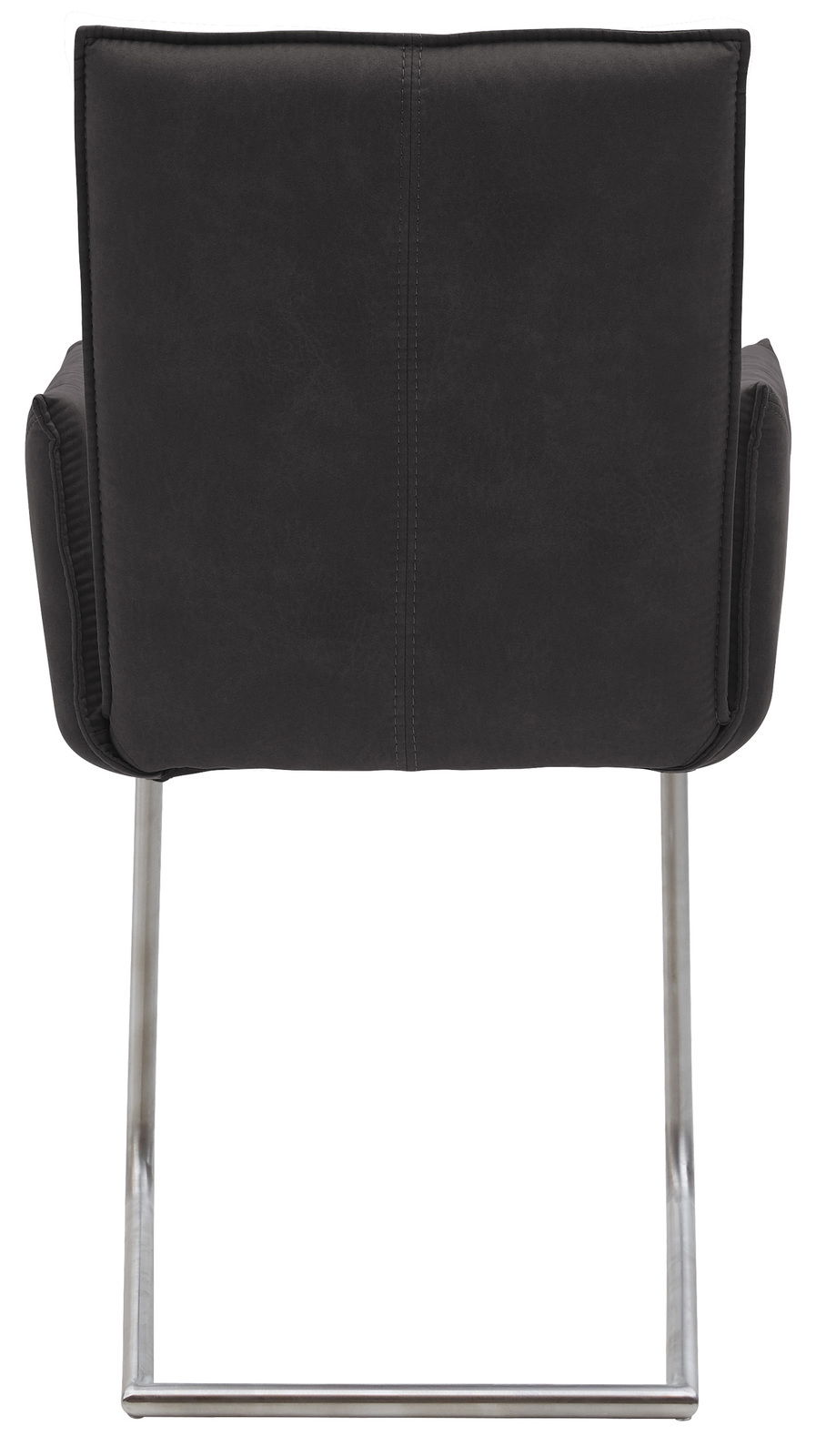 Rückansicht eines Freischwinger-Sessels der Serie SCALA von Valnatura mit schwarzem Polster und Metallgestell.