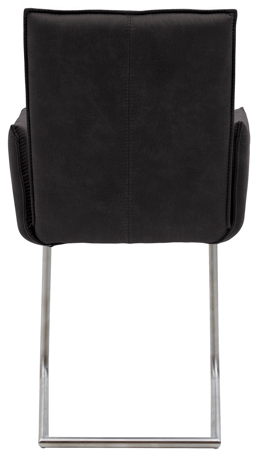 Rückansicht eines Freischwinger-Sessels der Serie SCALA von Valnatura mit schwarzem Polster und Metallgestell.