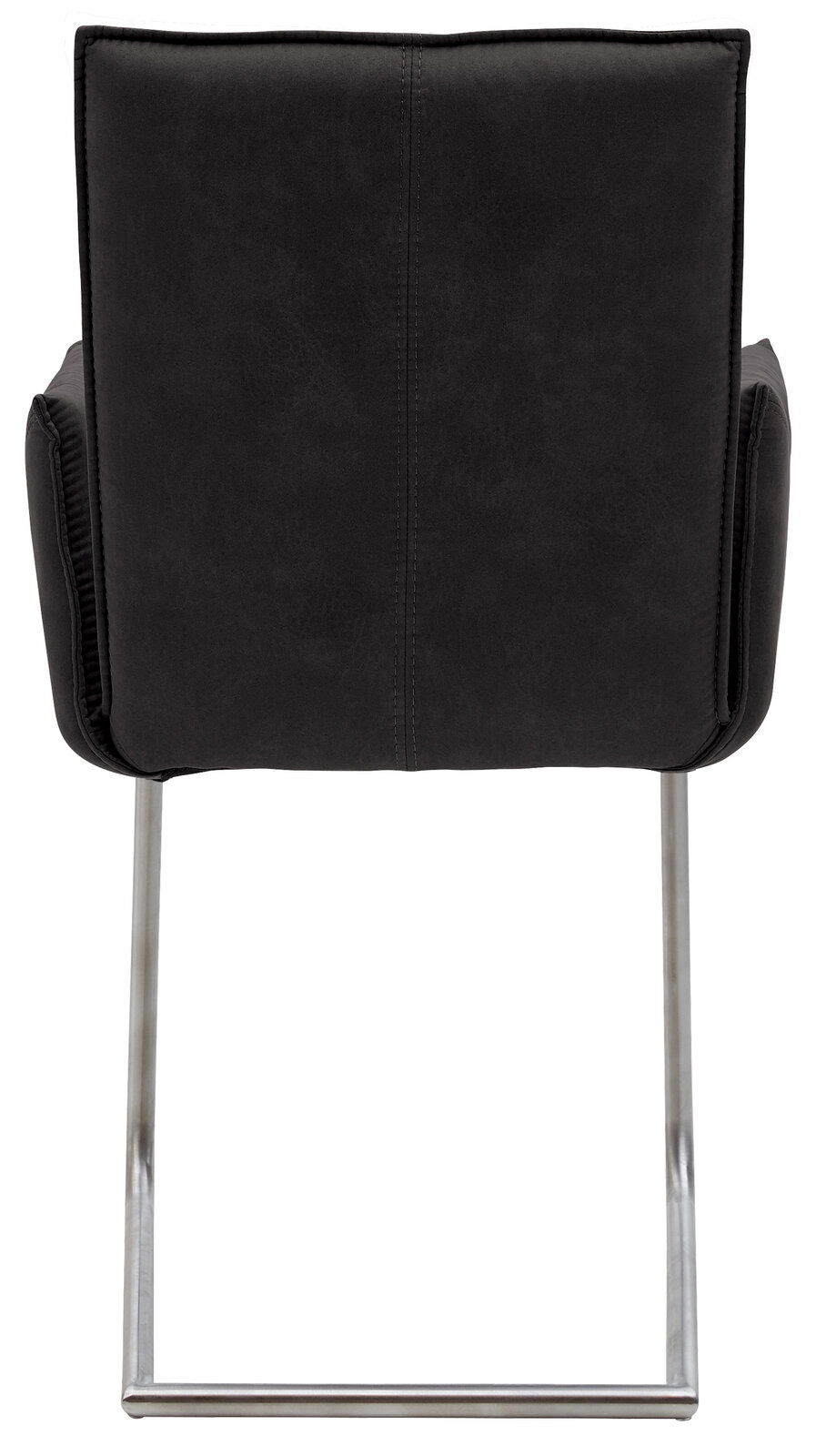 Rückansicht eines Freischwinger-Sessels der Serie SCALA von Valnatura mit schwarzem Polster und Metallgestell.