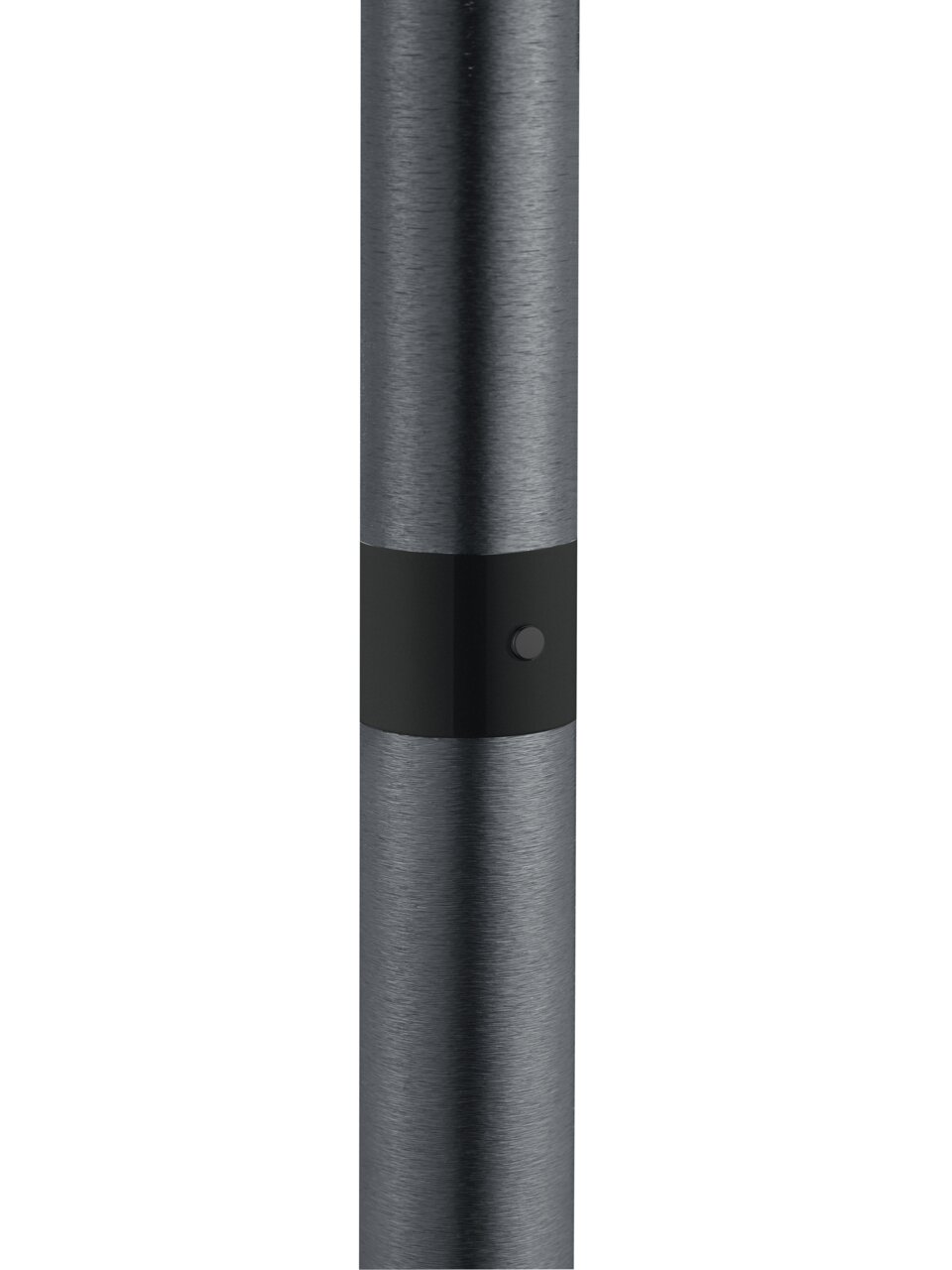 Close-up van een deel van de staande lamp ANDY in geborsteld metaal met zwarte accenten, gezien vanaf de zijkant.