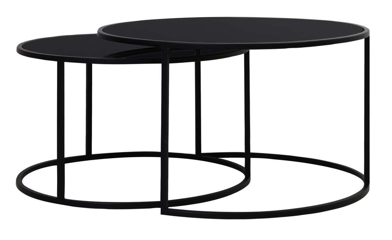 Zwei runde, schwarze Couchtische in unterschiedlicher Größe, ineinander verschachtelt, aus seitlicher Perspektive.