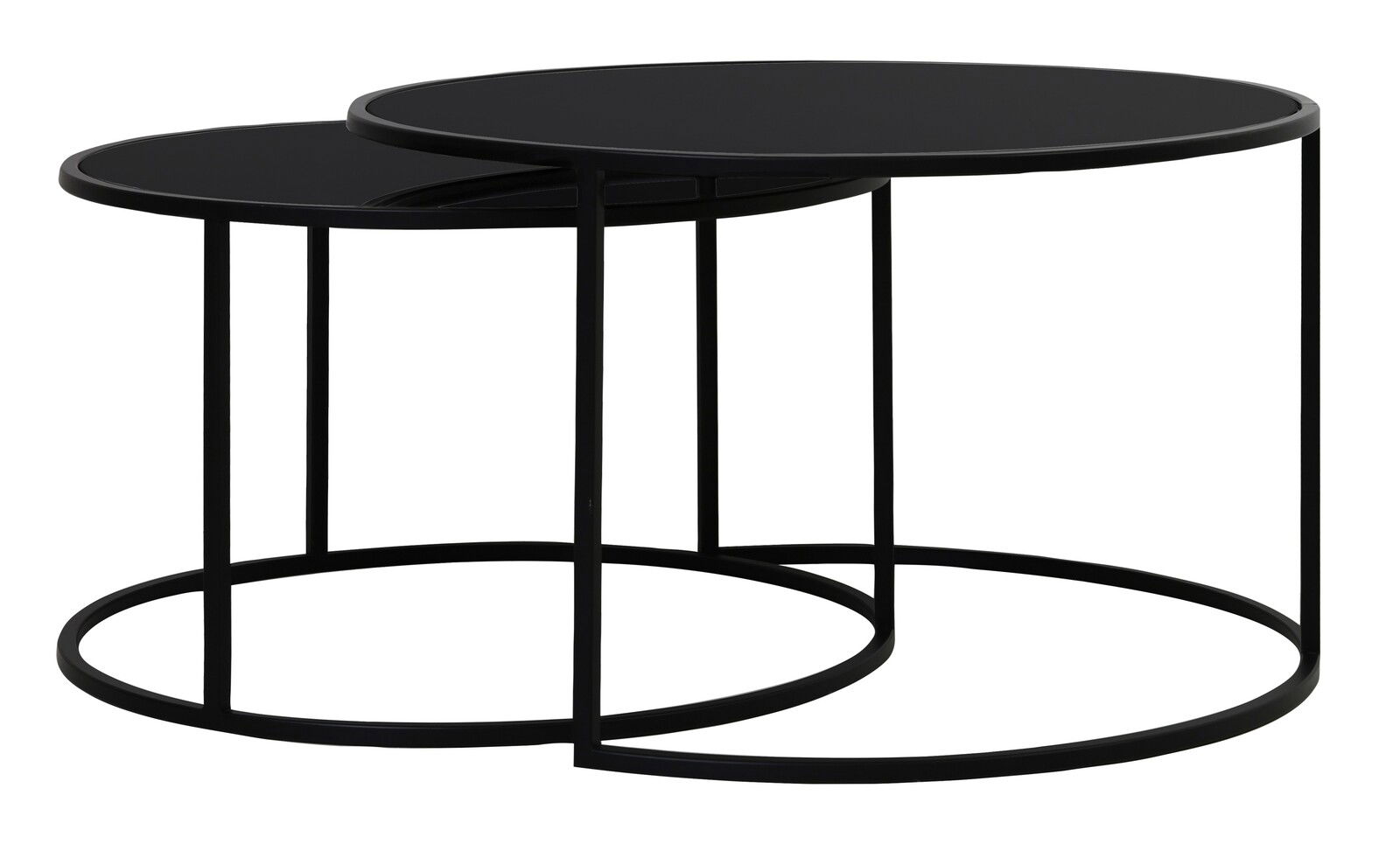 Zwei runde, schwarze Couchtische in unterschiedlicher Größe, ineinander verschachtelt, aus seitlicher Perspektive.