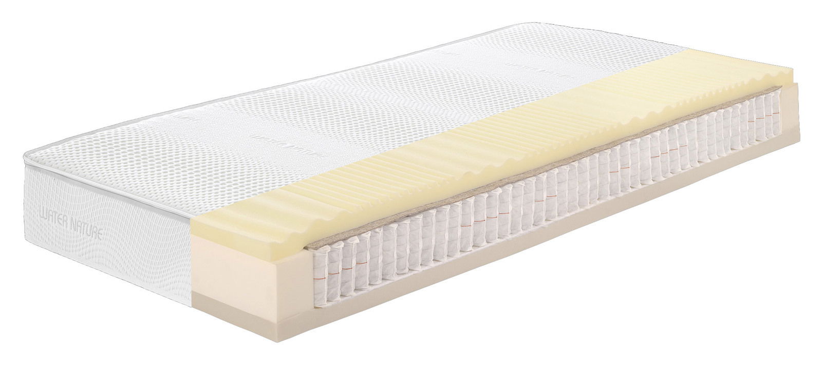 Max Berger Taschenfederkernmatratze NATURE Taschenfederkernmatratze in seitlicher Perspektive mit sichtbarem Schichtaufbau und atmungsaktivem Bezug.