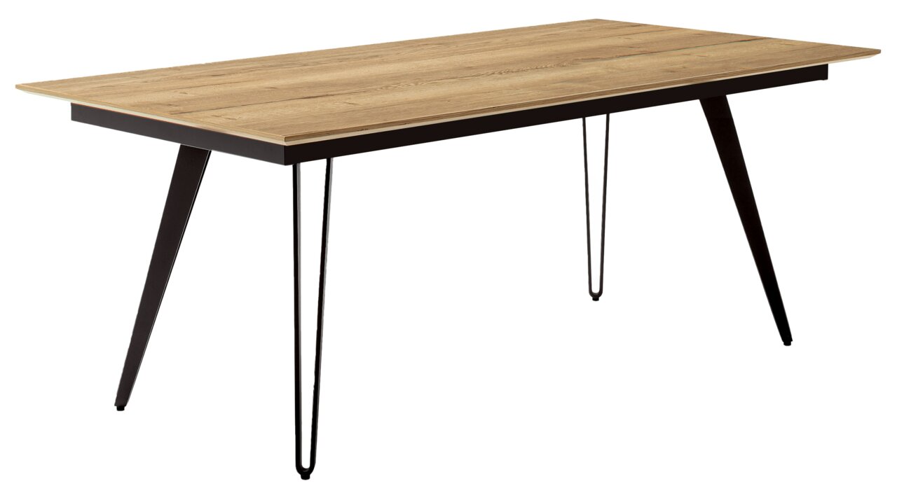Moderner Esstisch aus Holz mit schwarzen Metallbeinen, seitliche Perspektive