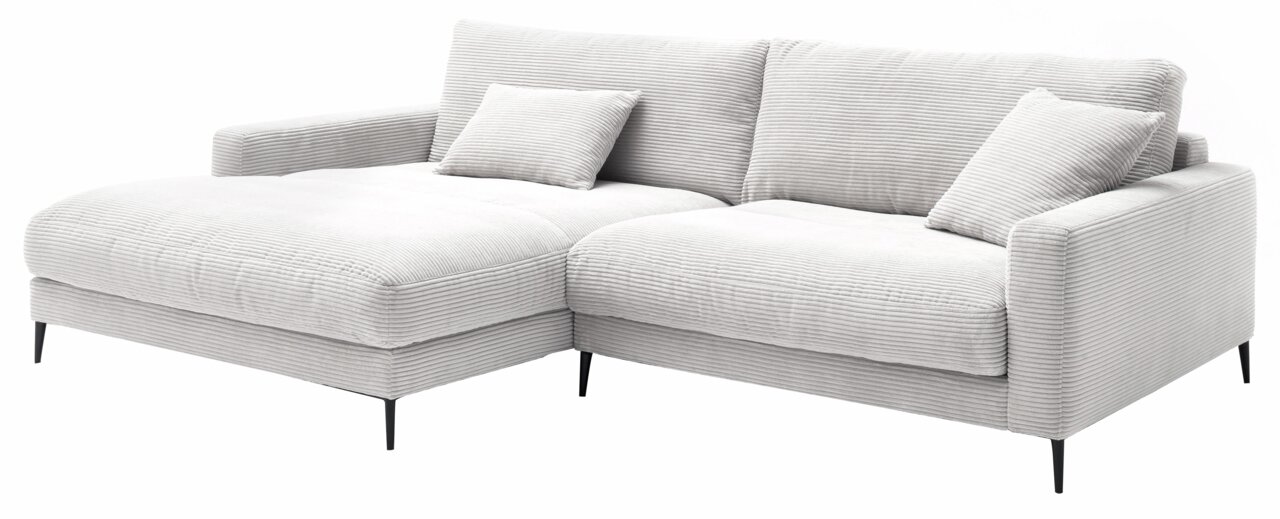 Graues Longchair-Sofa mit zwei Kissen, seitliche Perspektive