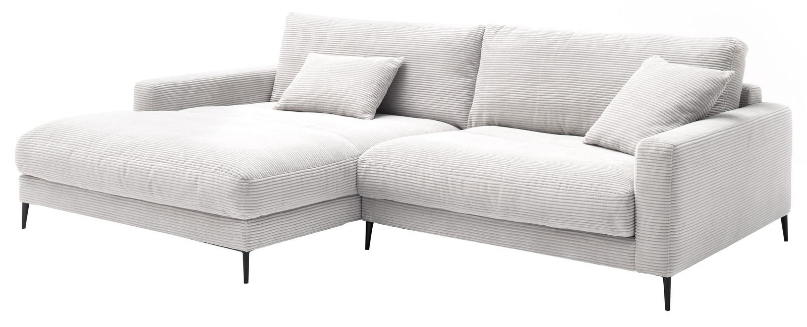 Graues Longchair-Sofa mit zwei Kissen, seitliche Perspektive