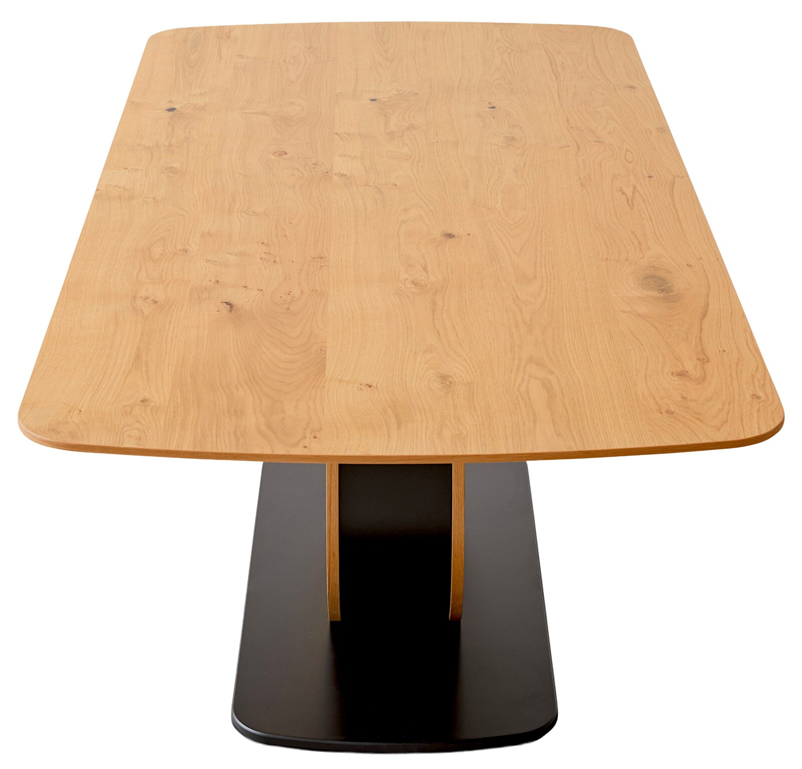 Moderner Esstisch aus Holz mit schwarzem Sockel, Ansicht von vorne