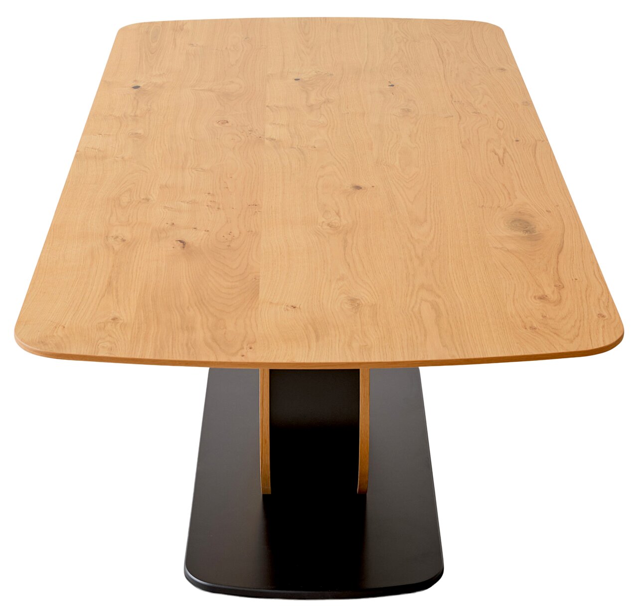 Moderner Esstisch aus Holz mit schwarzem Sockel, Ansicht von vorne