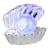 Tischleuchte in Form einer geöffneten Muschel mit leuchtender Kugel, seitliche Perspektive