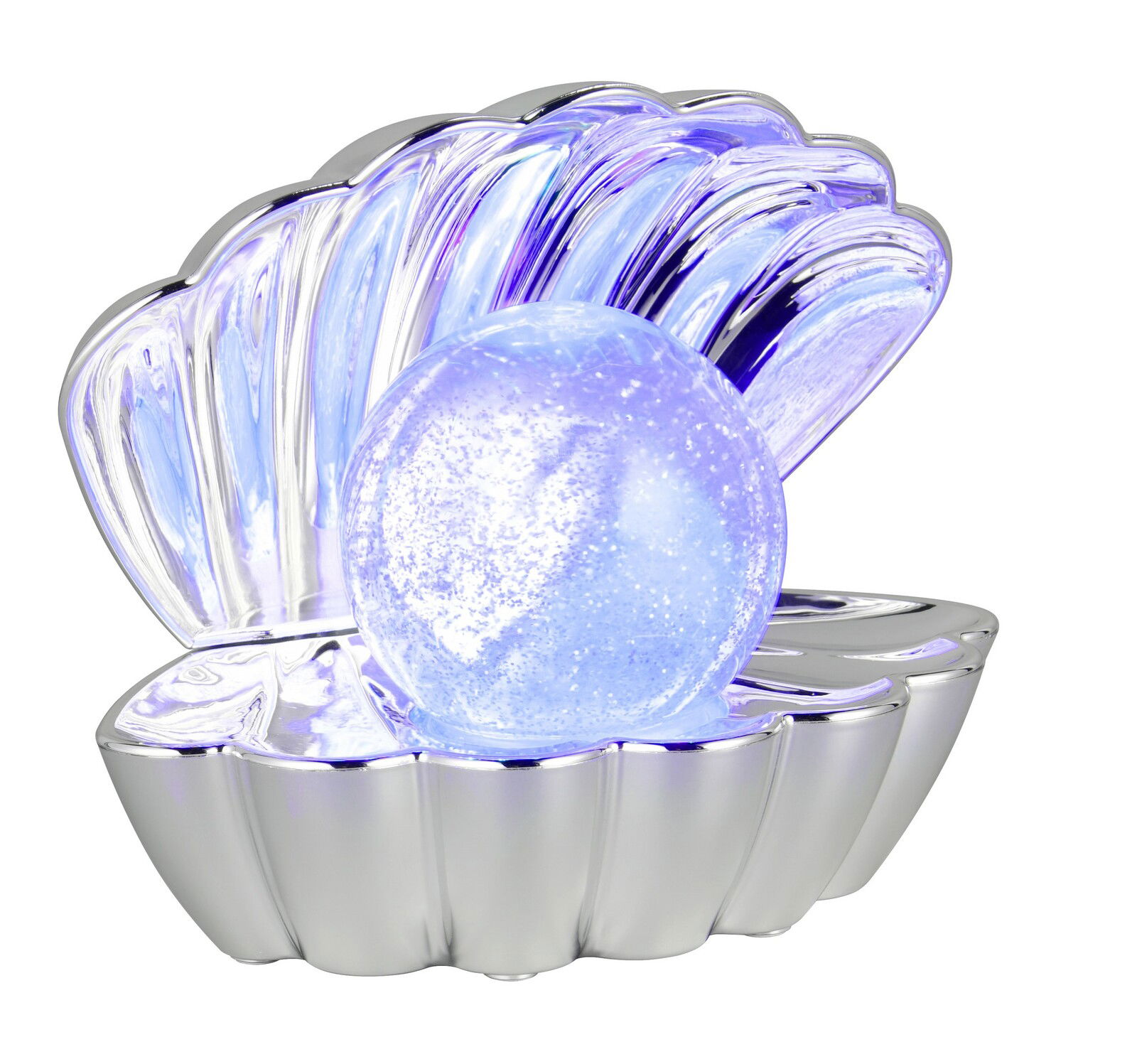 Tischleuchte in Form einer geöffneten Muschel mit leuchtender Kugel, seitliche Perspektive