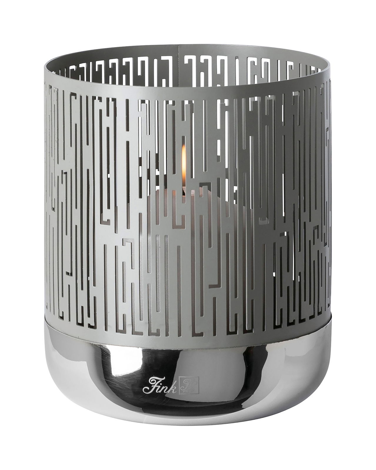 Fink Windlicht BRIANO Windlicht aus Metall mit geometrischem Muster, seitliche Perspektive, brennende Kerze im Inneren