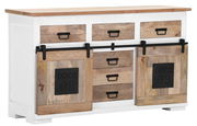 Rustikales Sideboard mit Schiebetüren und Schubladen aus Holz, seitliche Perspektive