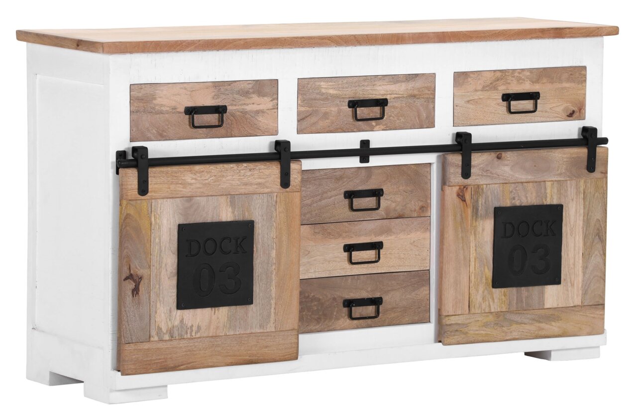 Landscape Dressoir DOCK Rustikales Sideboard mit Schiebetüren und Schubladen aus Holz, seitliche Perspektive