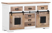 Rustikales Sideboard mit Schiebetüren und Schubladen aus Holz, seitliche Perspektive