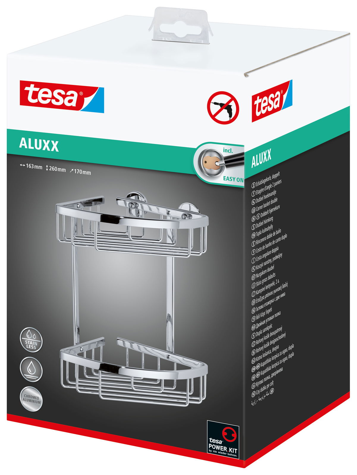 Verpackung der tesa Aluxx Duschablage Ecke, doppelte Ablage aus verchromtem Aluminium, perspektivische Ansicht von vorne.