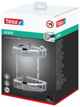 Verpackung der tesa Aluxx Duschablage Ecke, doppelte Ablage aus verchromtem Aluminium, perspektivische Ansicht von vorne.