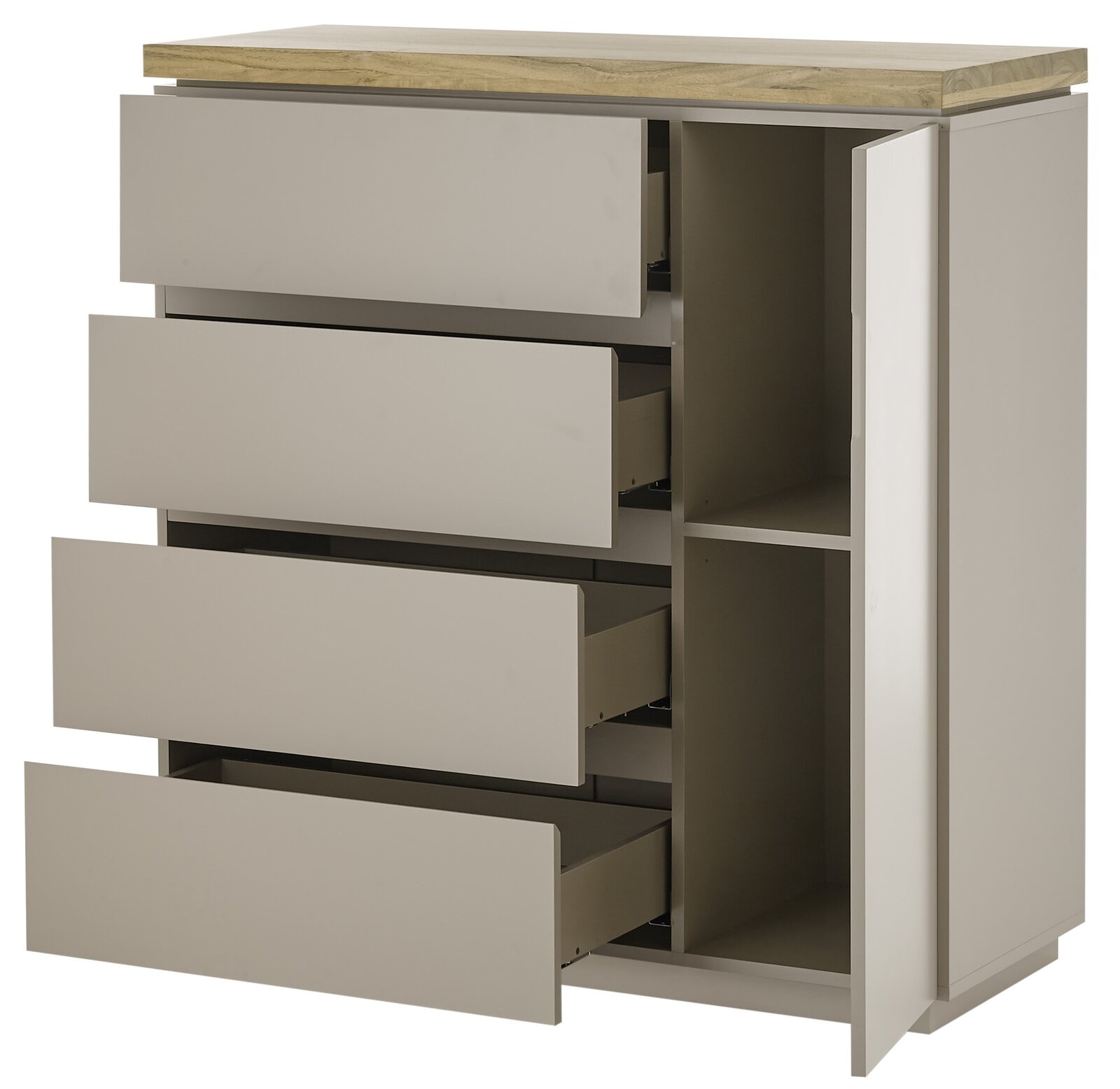 Kommode mit vier offenen Schubladen und einer offenen Tür, seitliche Perspektive