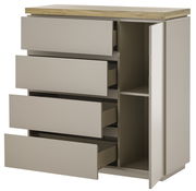 Kommode mit vier offenen Schubladen und einer offenen Tür, seitliche Perspektive