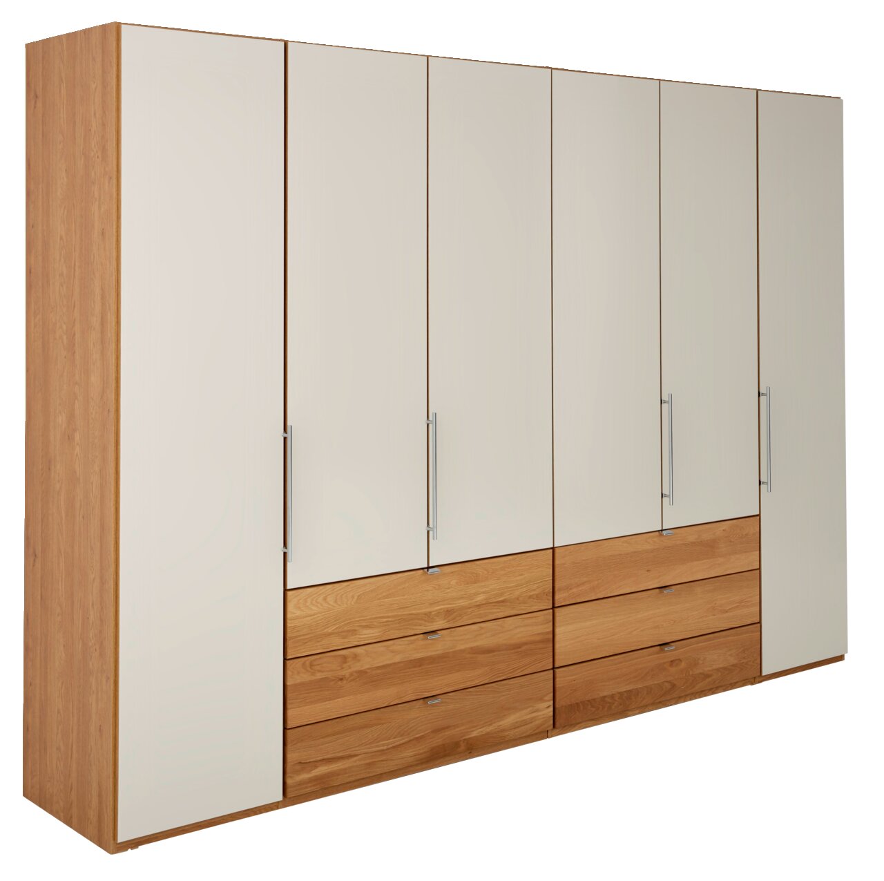 Gleittürenschrank mit Holz- und weißen Elementen, seitliche Perspektive