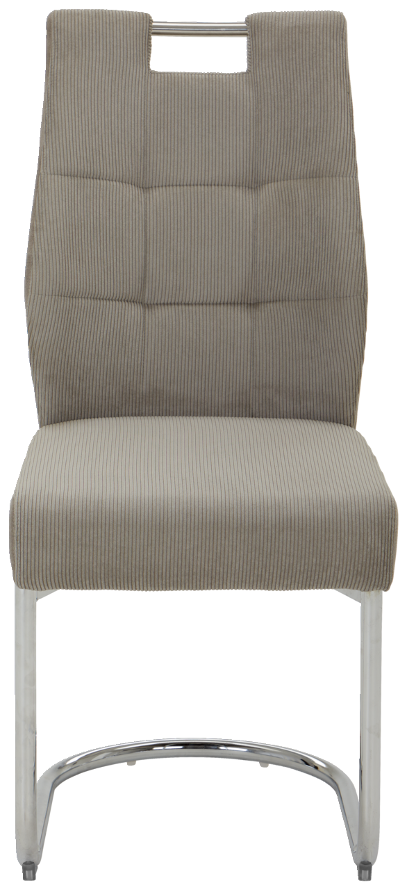 Frontansicht eines modernen Schwingstuhls mit grauem Stoffbezug und verchromtem Gestell.