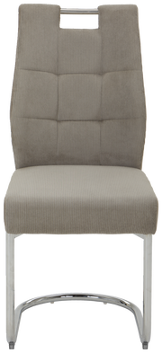 Frontansicht eines modernen Schwingstuhls mit grauem Stoffbezug und verchromtem Gestell.