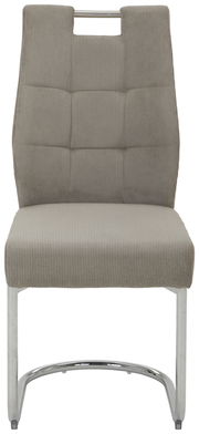 Frontansicht eines modernen Schwingstuhls mit grauem Stoffbezug und verchromtem Gestell.