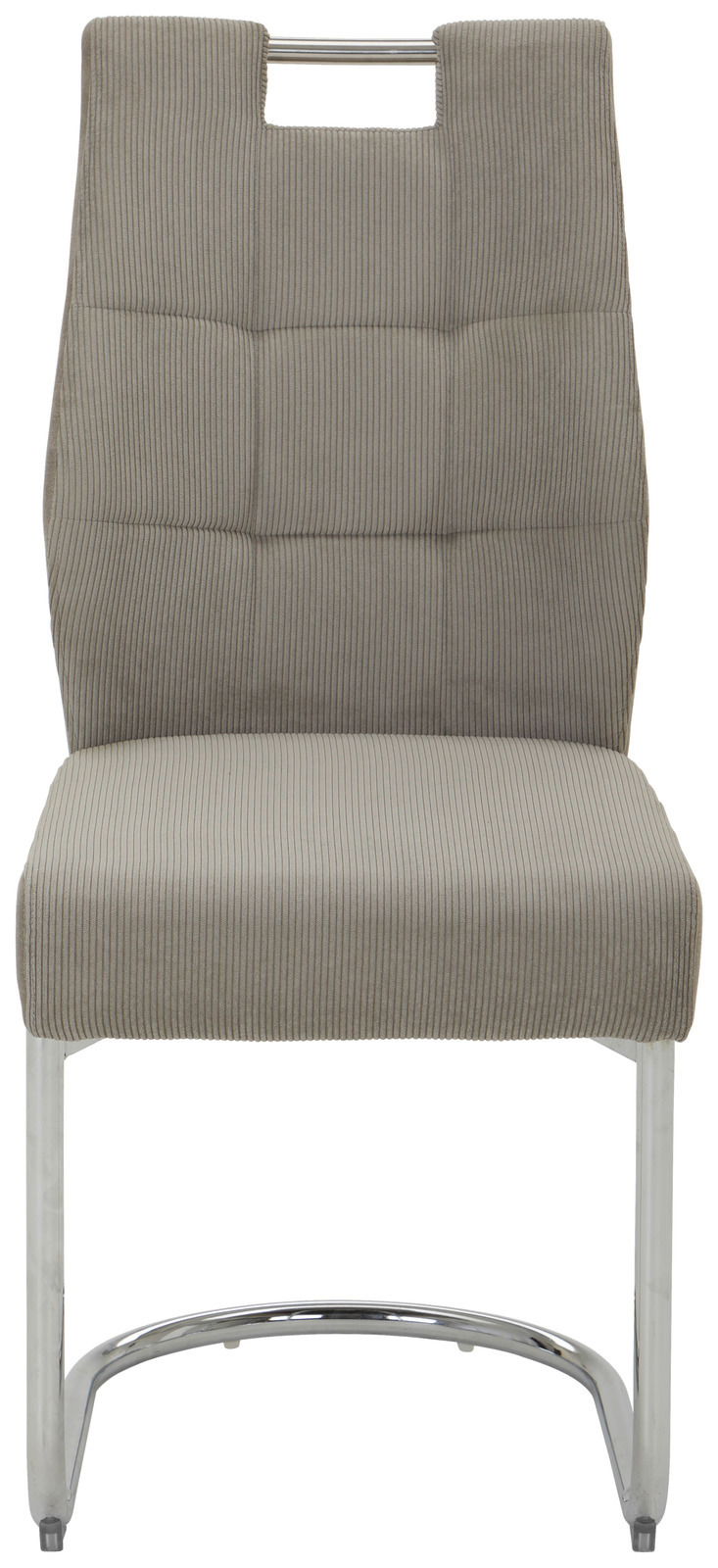 Frontansicht eines modernen Schwingstuhls mit grauem Stoffbezug und verchromtem Gestell.