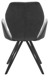 Rückansicht eines modernen Armlehnenstuhls mit schwarzem Bezug und stilvollen Metallbeinen.