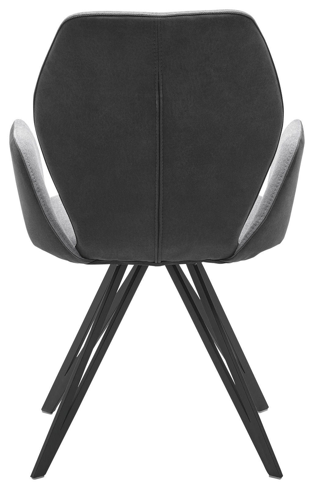 Rückansicht eines modernen Armlehnenstuhls mit schwarzem Bezug und stilvollen Metallbeinen.