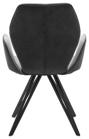 Rückansicht eines modernen Armlehnenstuhls mit schwarzem Bezug und stilvollen Metallbeinen.