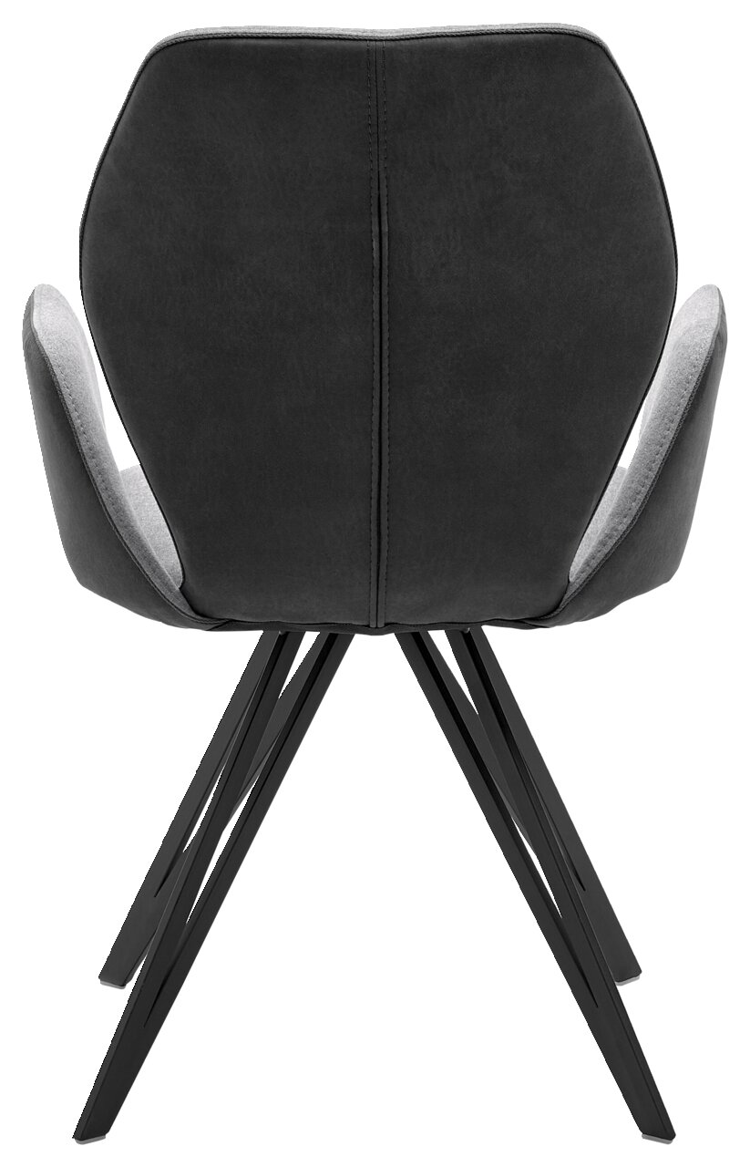 Rückansicht eines modernen Armlehnenstuhls mit schwarzem Bezug und stilvollen Metallbeinen.