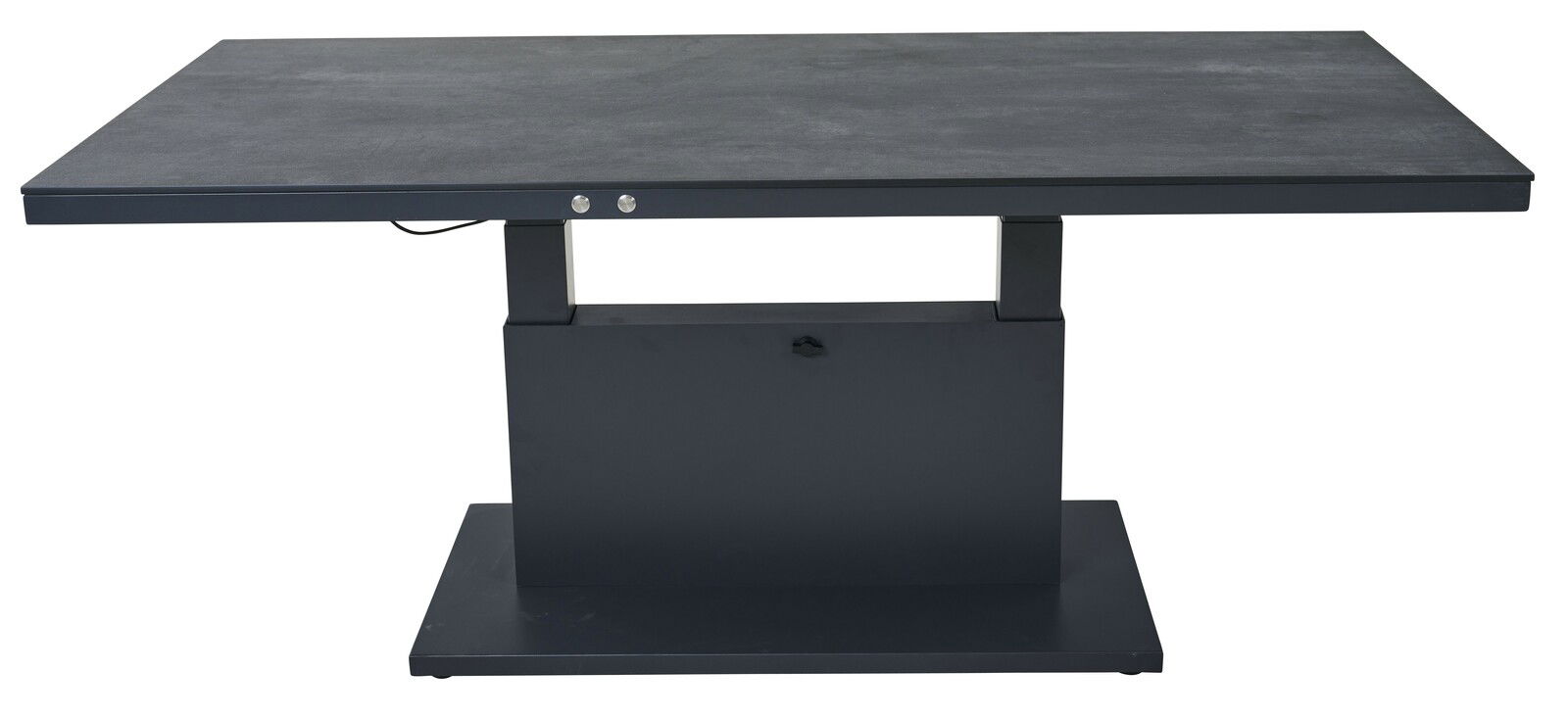 Elektrisch verstellbarer Gartentisch in moderner, dunkler Optik, frontal betrachtet.